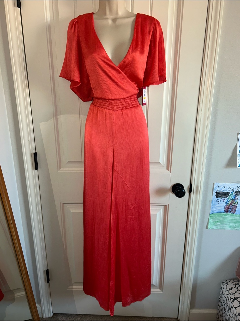 NWT Vince Camuto Coral-Red Surplice  Satin Wide-Leg Jumpsuit Sz M